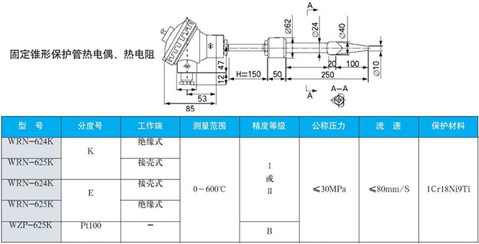 電站測溫專(zhuān)用熱電偶固定錐形保護管規格表