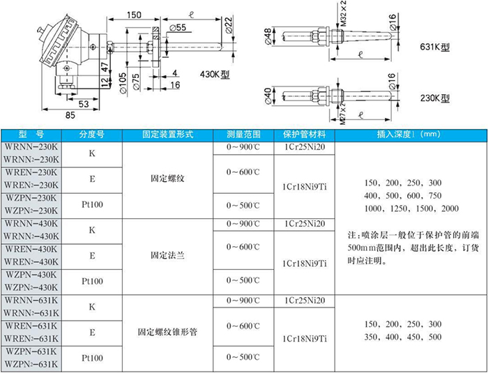 電站測溫專(zhuān)用熱電偶耐磨規格表