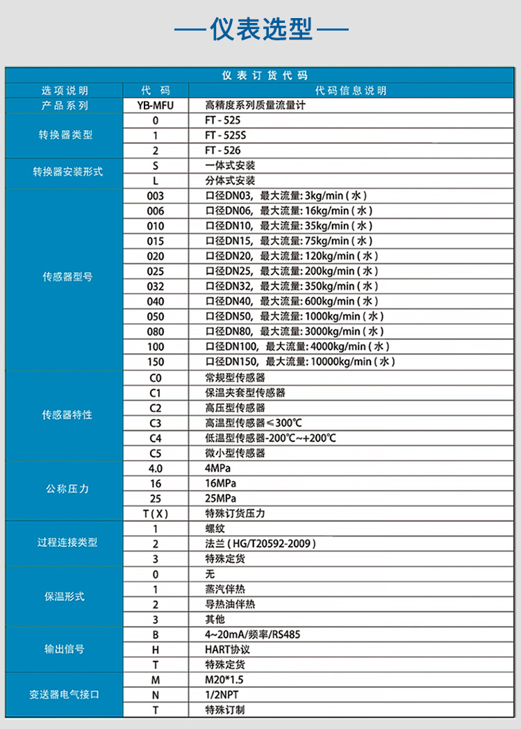 質(zhì)量流量計選項表