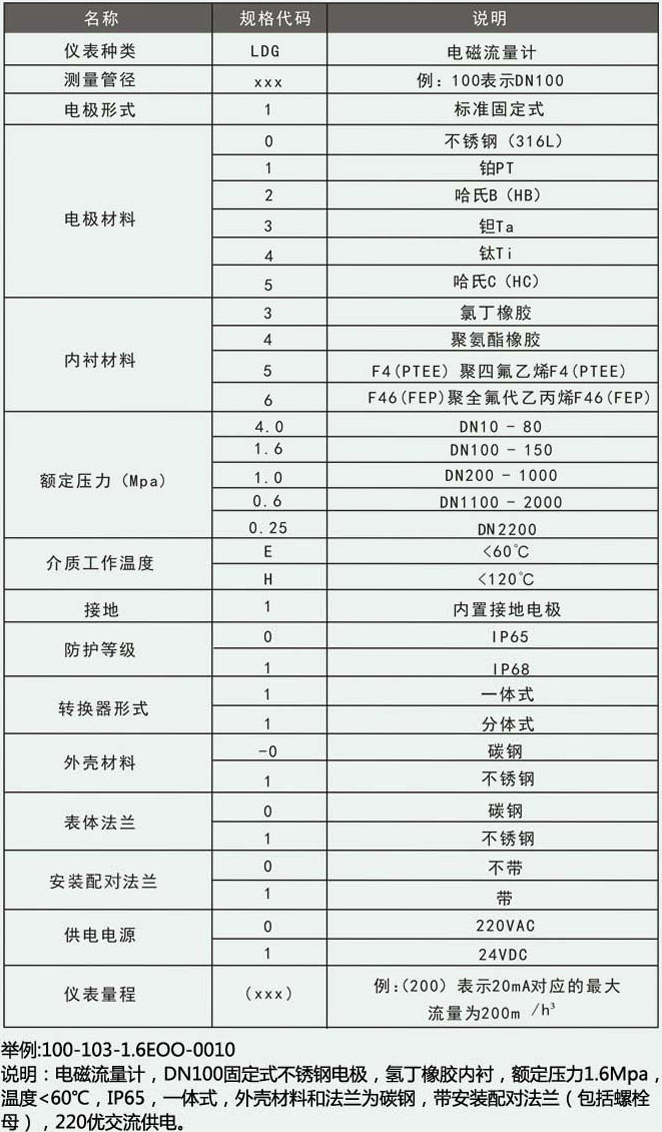 電磁流量計型譜說(shuō)明對照表